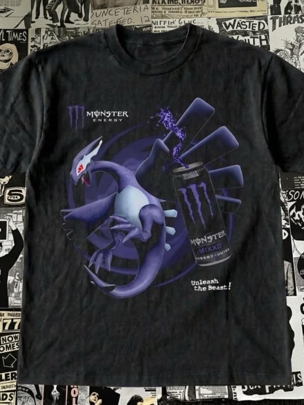 Gildan Black Short Sleeve Tee with Purple Monster Energy Dragon Graphic